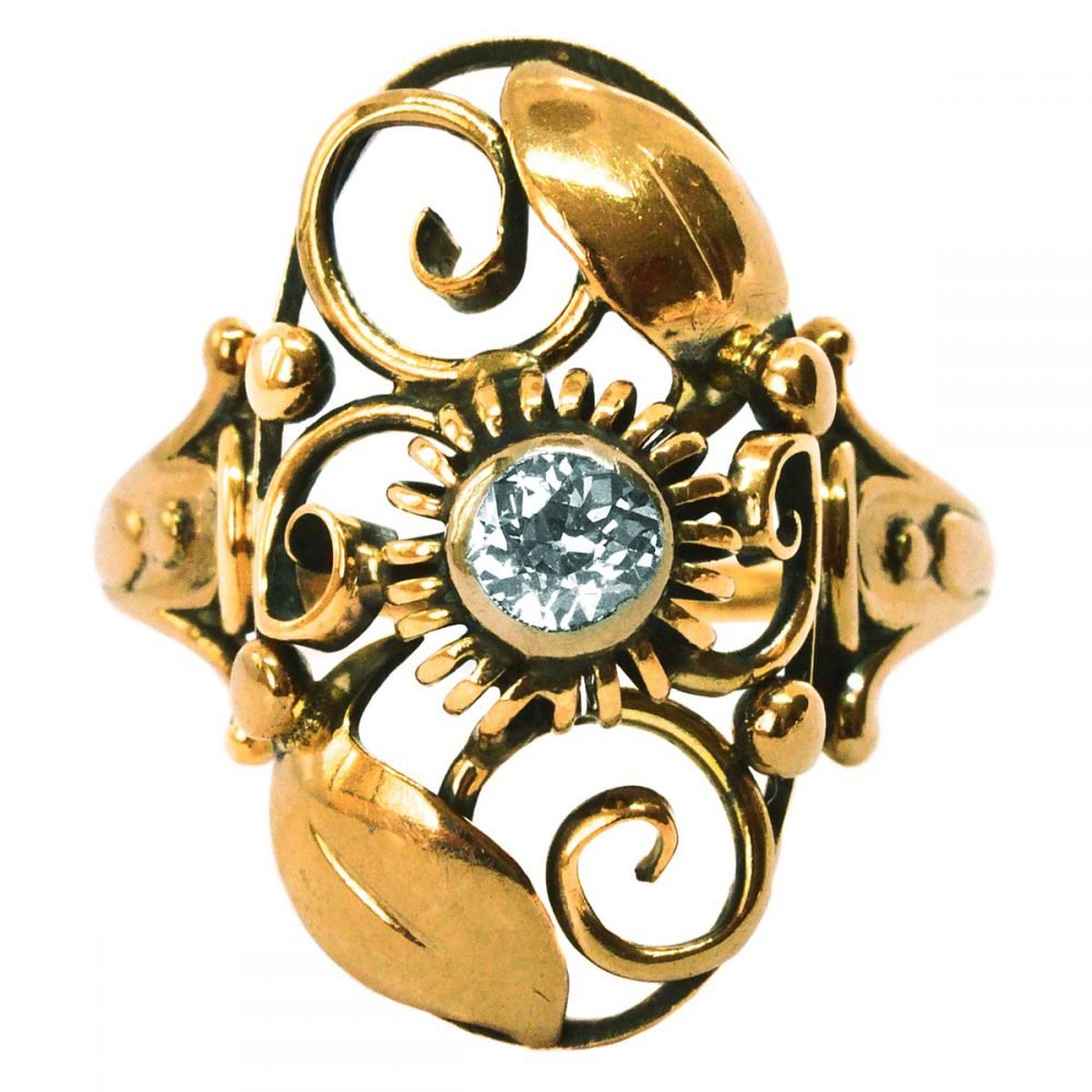 Antique 14ct Gold, Diamond Skonvirke Ring Antique And Vintage