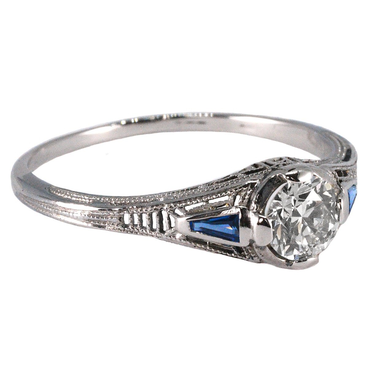 Art Deco 18ct White Gold, Diamond & Sapphire Filigree Ring Antique